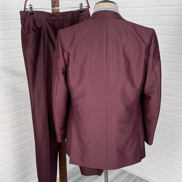 Phoenix Suit Men 42 31Wx31.5L Burgundy Shiny Polyester Stripe 60s-70s VTG USA - Picture 4 of 16